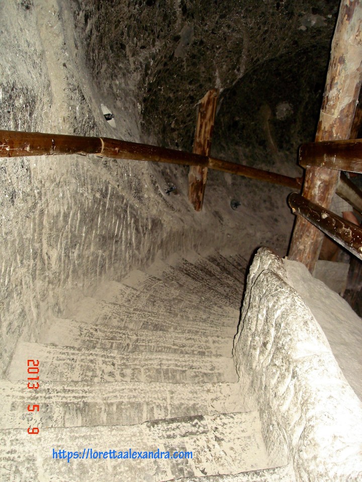 Descending further into the mine down stairs carved in rock salt