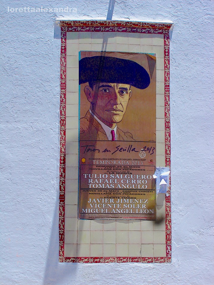 Pictured, Juan Belmonte Garcia, 1892-1962, on this 2013 poster outside Plaza de Toros, Seville